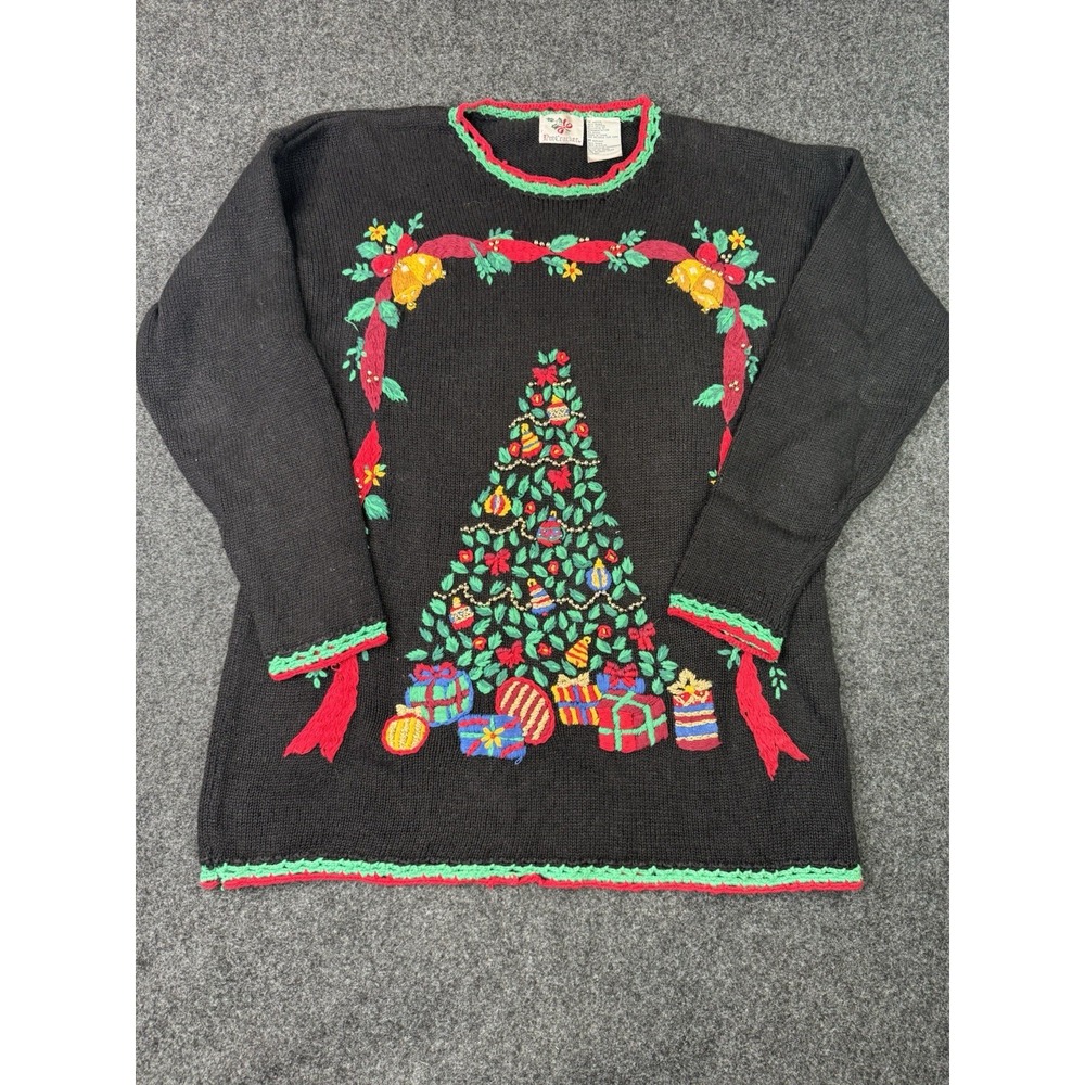 NutCracker Christmas Sweater Women M Black Embroidered Tree Beaded Holiday